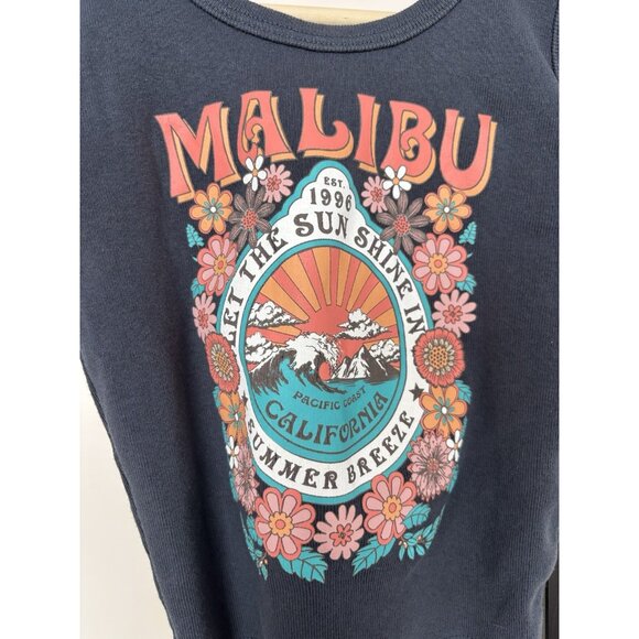 MALIBU ribbed Tank Top Crop Graphic Size SMALL California Y2K Beach Summer Boho - Picture 6 of 9
